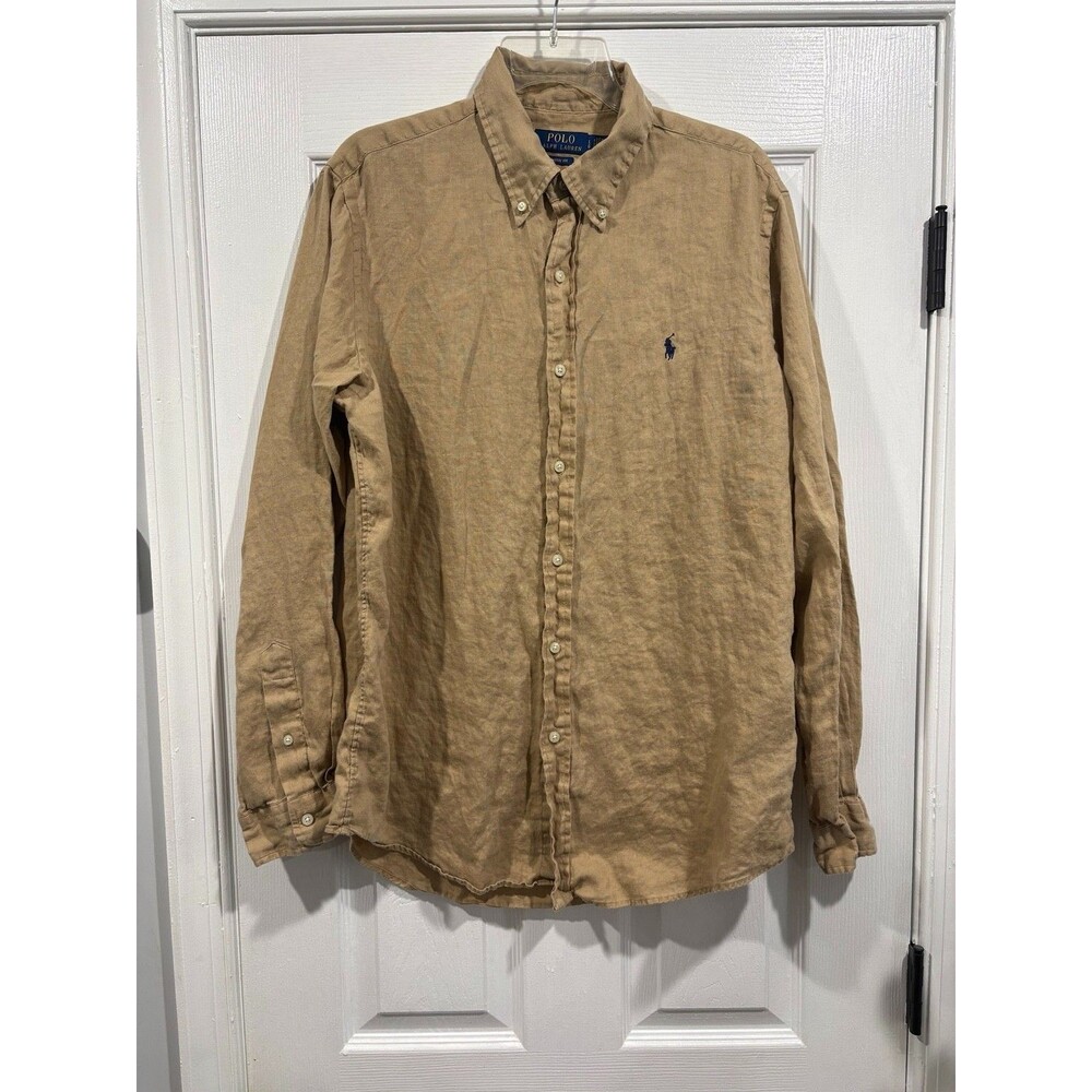 Polo Ralph Lauren Mens L 100% Linen Shirt Tan Beige Classic Fit Button Down